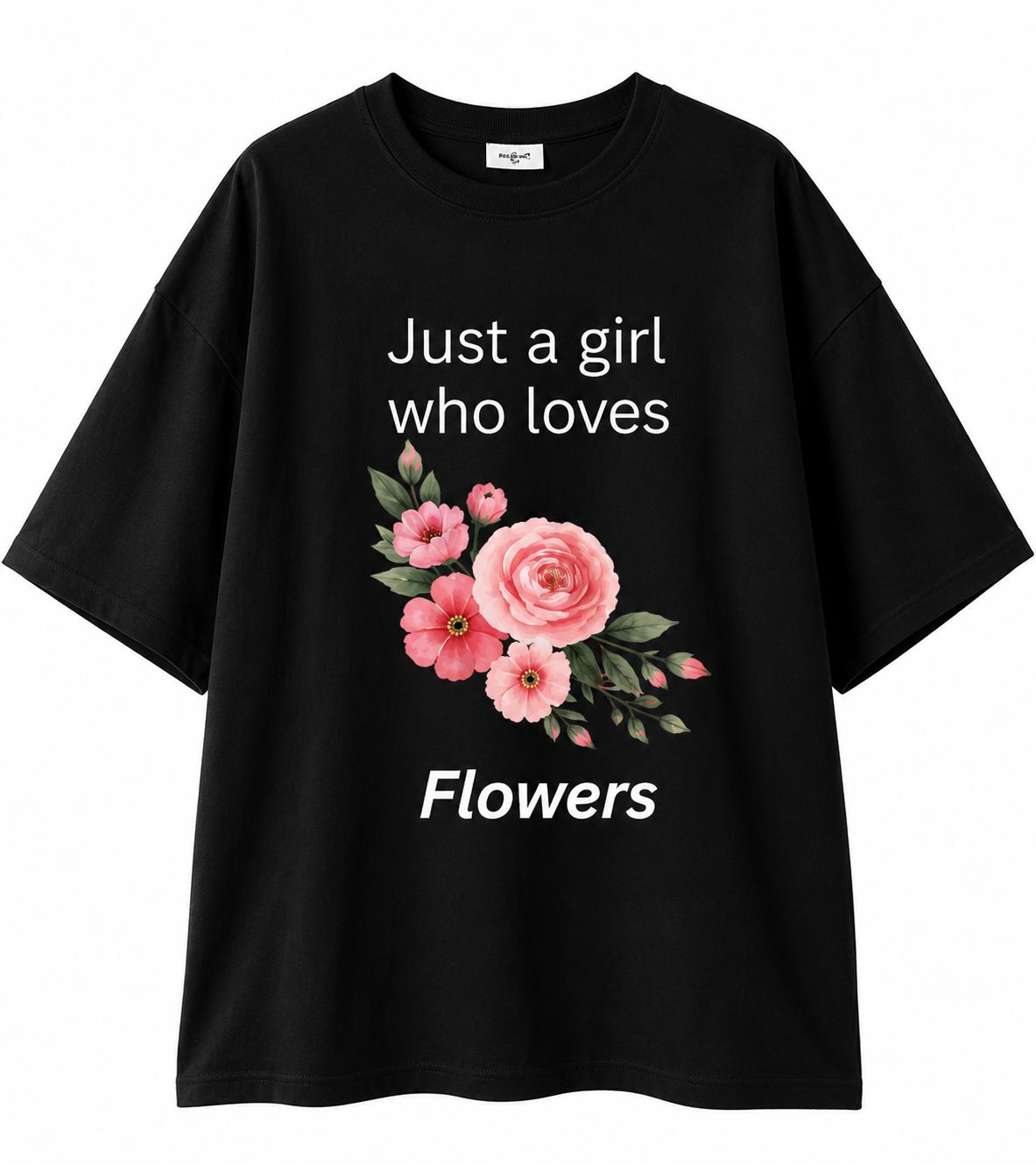 Raheelo Women's Just A Girl Who Loves Flowers Graphic T-Shirt – Black Edition | Casual Cotton Tee
