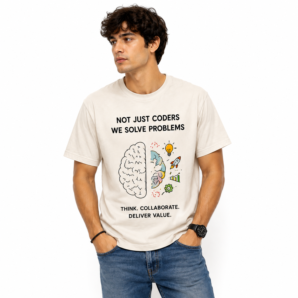 Raheelo Men's Problem Solvers Graphic T-Shirt  100% Cotton– Cream Edition, Casual Cotton Crew Neck Tee