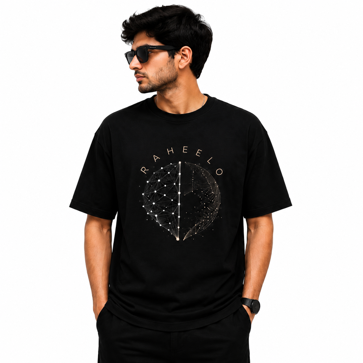 Raheelo Neural Sphere Oversized T-Shirt – Black Edition | Front & Back Graphic Print Streetwear Tee