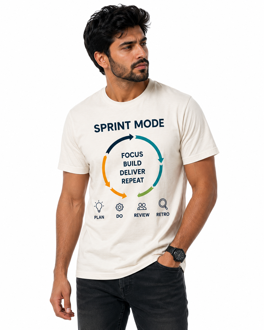 Raheelo Men's Sprint Mode Graphic T-Shirt – Off White Edition | Casual Cotton Crew Neck Tee
