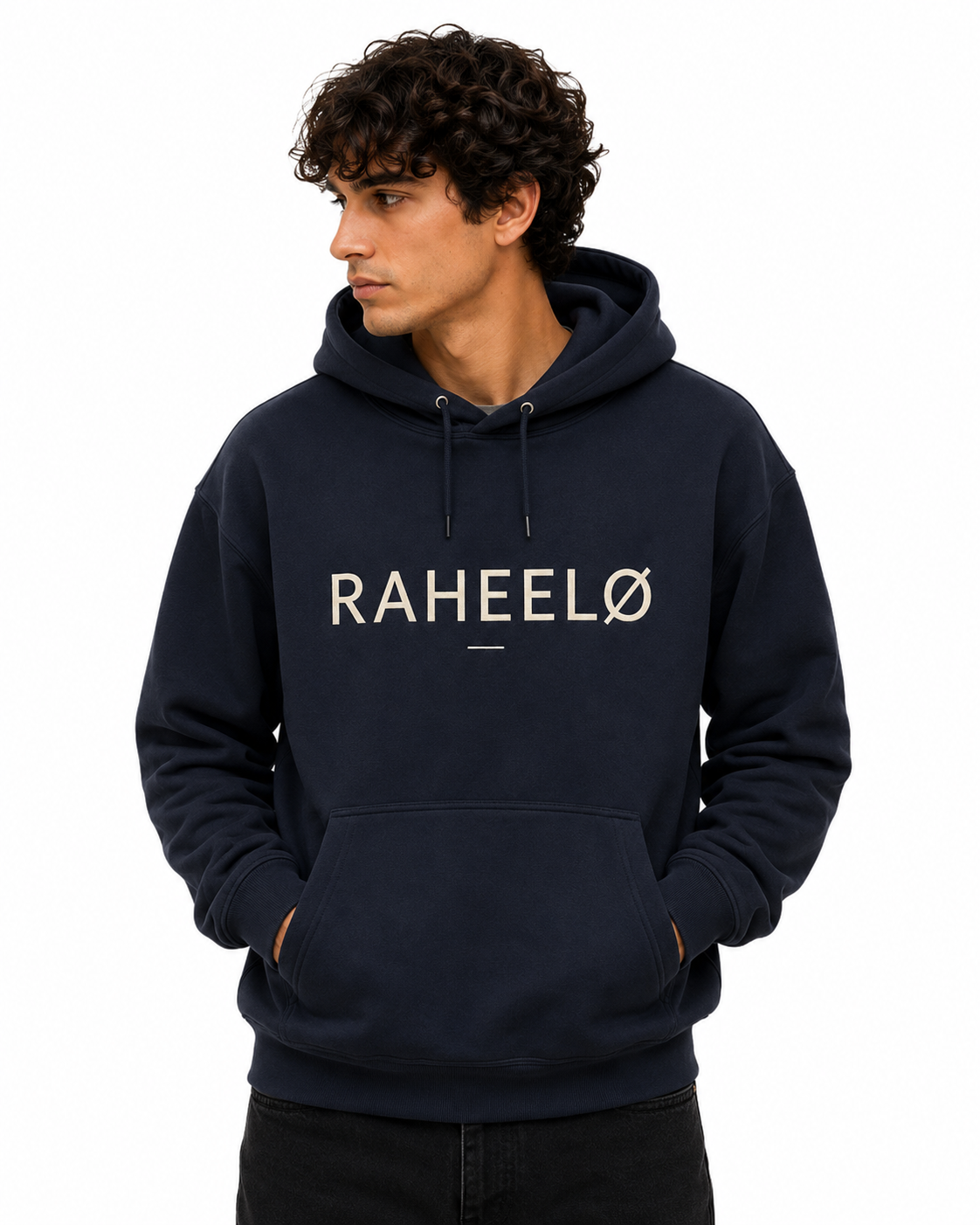 Man wearing a navy blue pullover hoodie with white Raheelo logo print, drawstring hood, and front kangaroo pocket