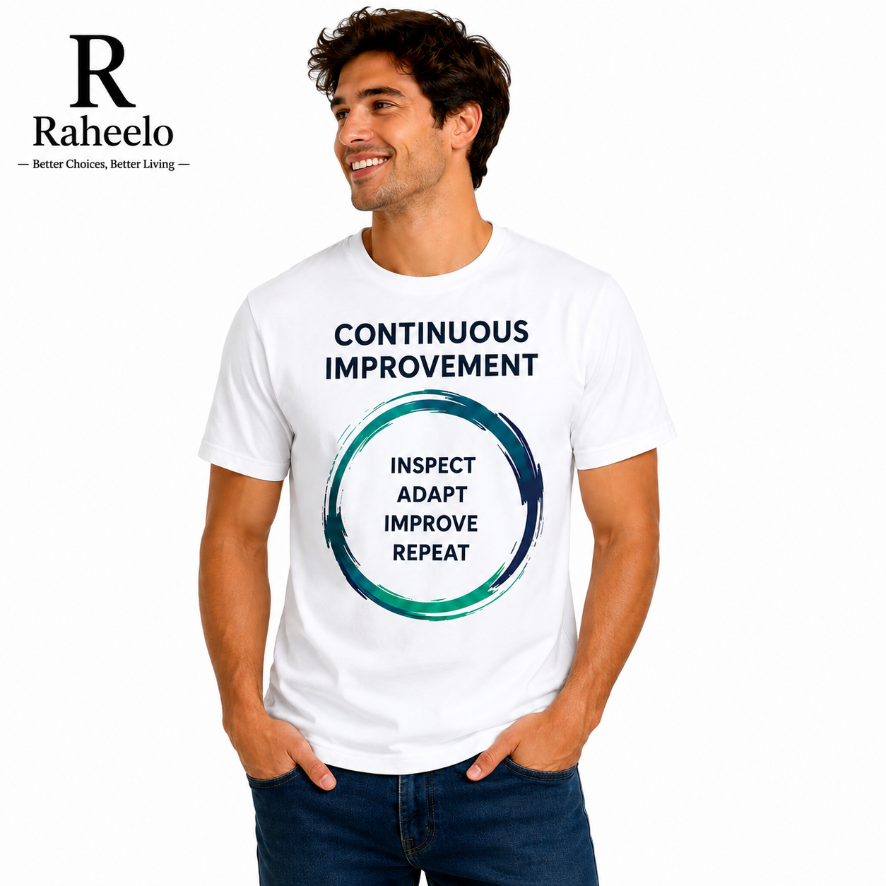 Raheelo Men's Continuous Improvement Graphic T-Shirt – White Edition | Casual Cotton Crew Neck Tee