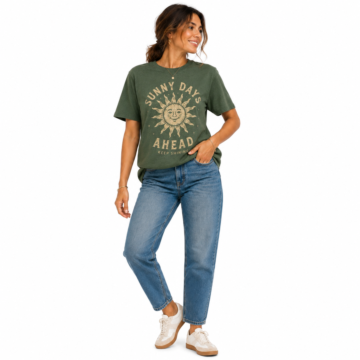 Woman wearing Raheelo Sunny Days Ahead forest green graphic T-shirt made from premium 200 GSM cotton.