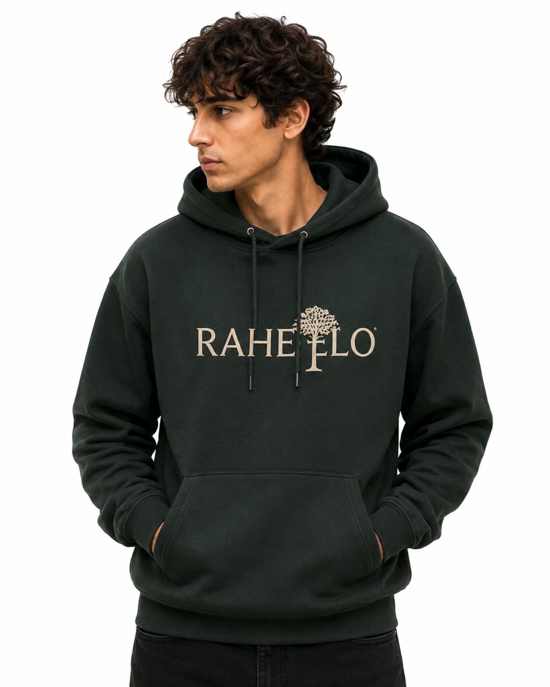 Man wearing a dark green Raheelo pullover hoodie with front logo print and kangaroo pocket