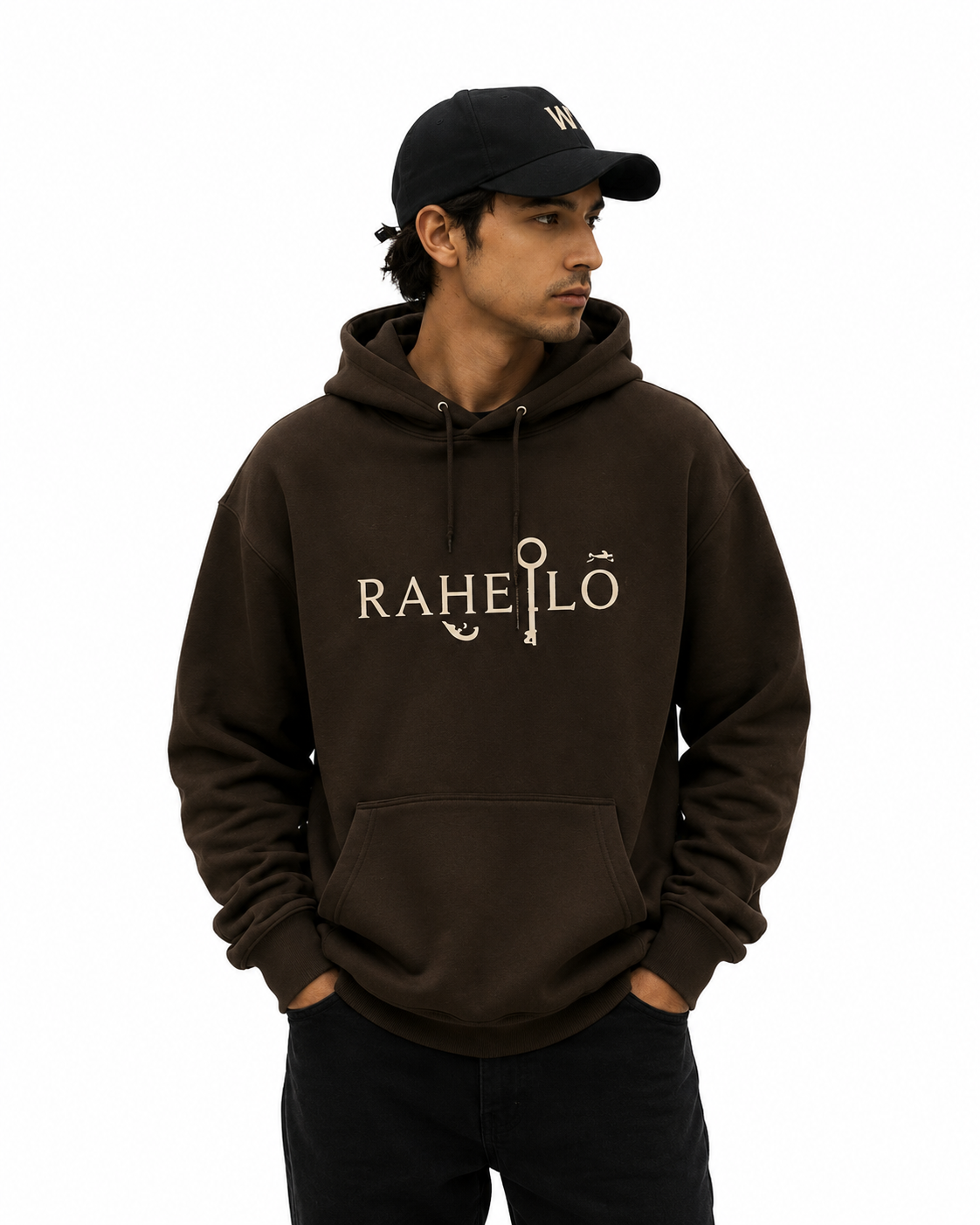 Man wearing a dark brown Raheelo pullover hoodie with front logo print and kangaroo pocket