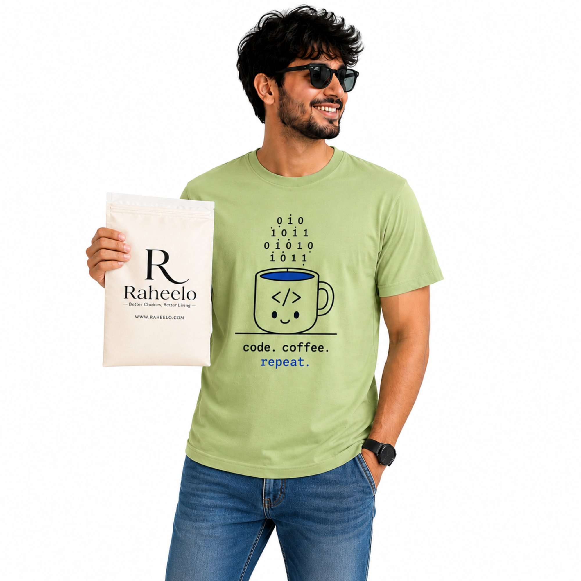 Raheelo Unisex Code. Coffee. Repeat. Graphic T-Shirt | Casual Cotton Crew Neck Tee for Developers