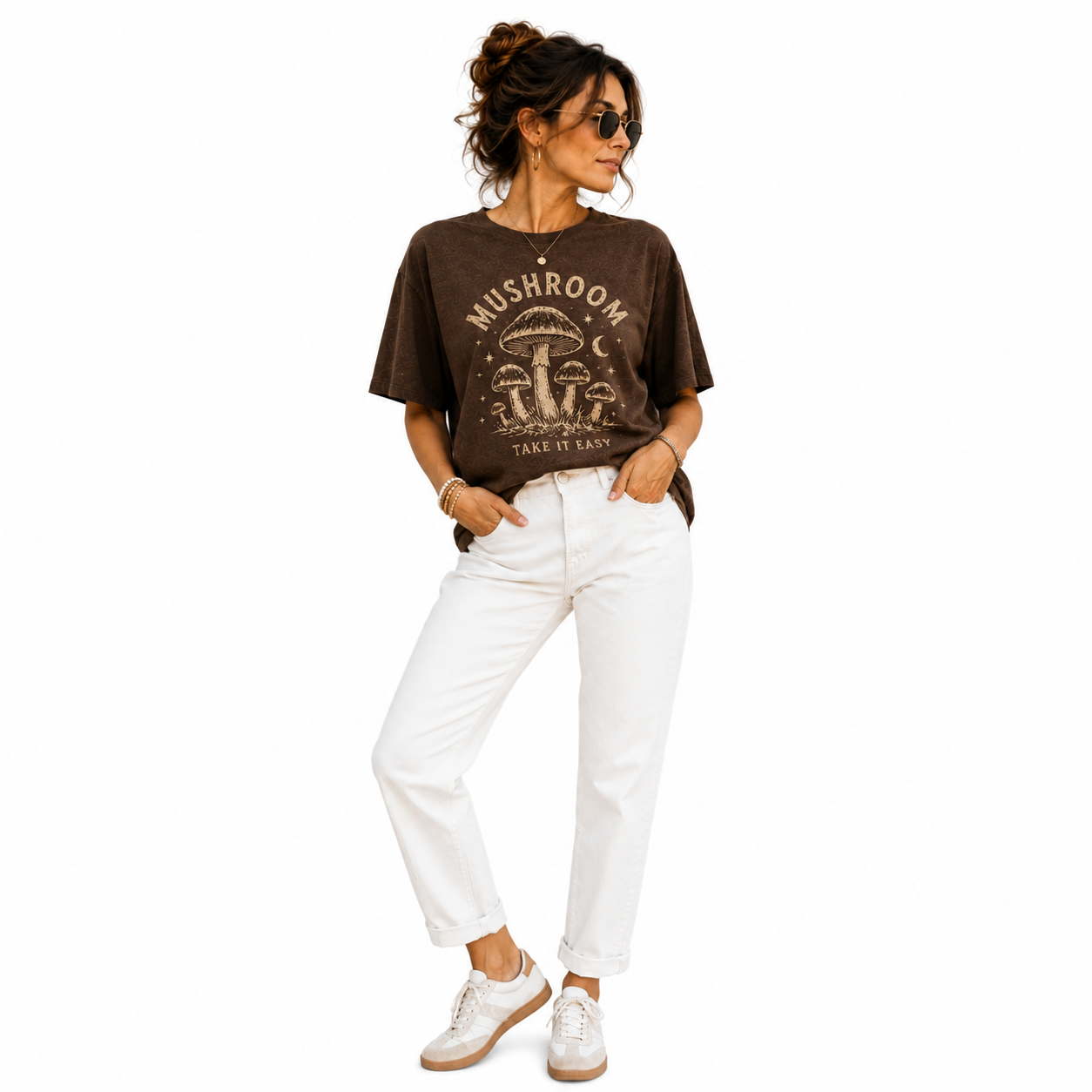 Woman wearing Raheelo Mushroom Take It Easy oversized vintage brown graphic T-shirt with premium cotton fabric.
